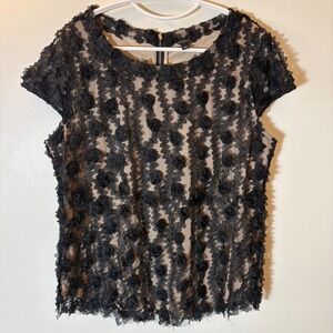 Ann Taylor Black Rosette Floral Mesh Cap Sleeve Blouse Size Large